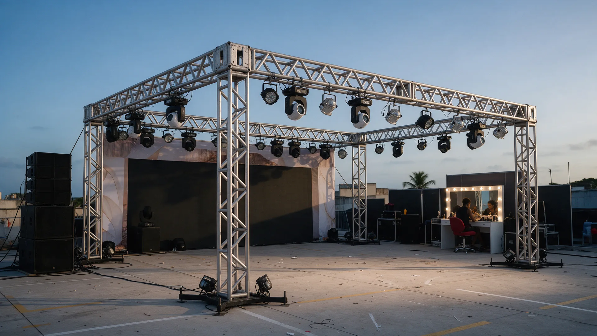 Estrutura Box Truss P-30 montada ao ar livre com iluminação, backdrop e camarim