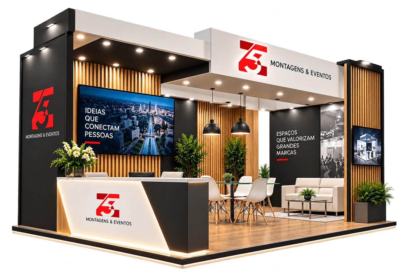 Stand decorado: ripado de madeira, balcão iluminado, TV, sofá e plotagem com a marca