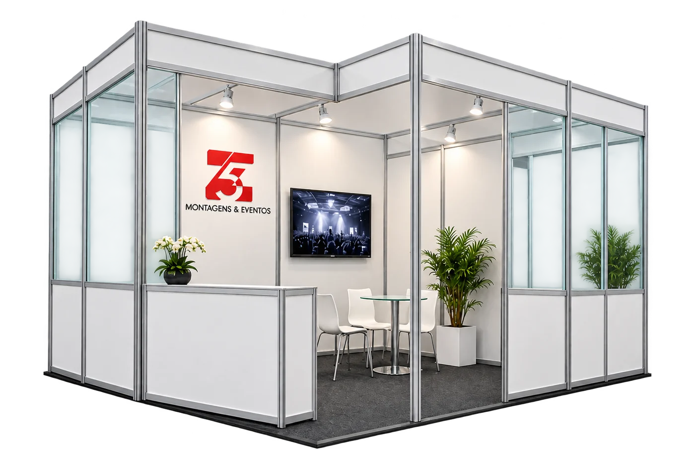 Stand misto: estrutura em alumínio com painéis de vidro, balcão, mesa e plantas
